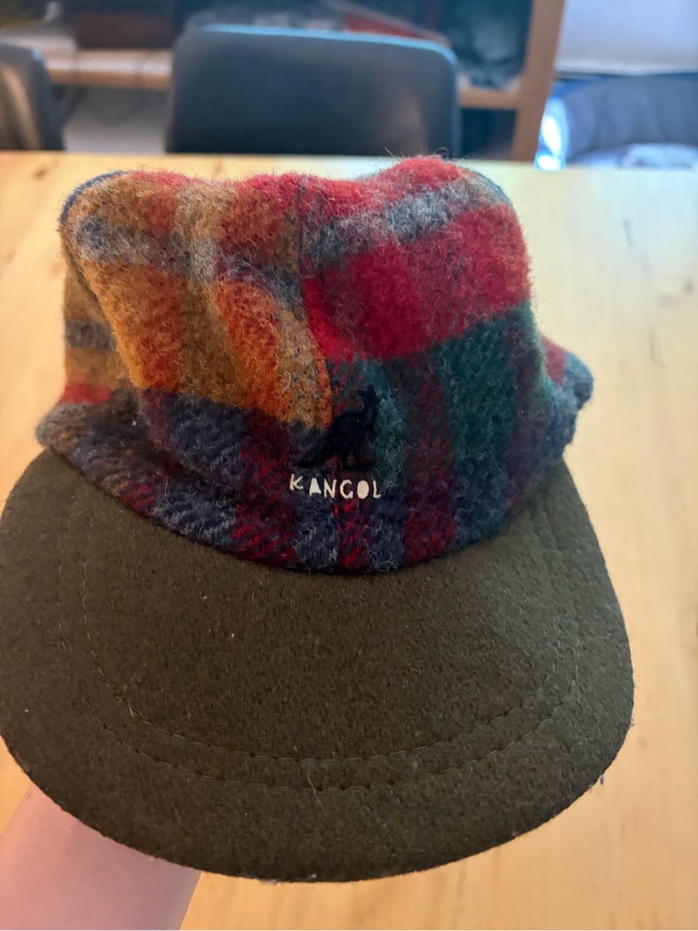 Kangol Multicolor Plaid Wool Cap with Olive Brim